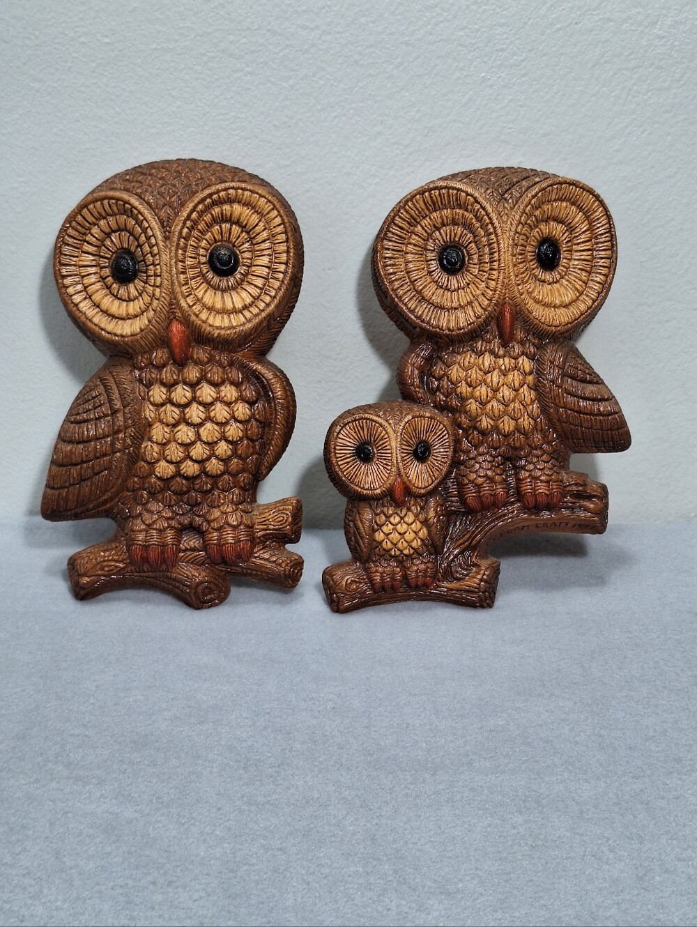Vtg 80s Pair Of Owls & Owlet Lightweight Molded Foam Wall Hanging Art Retro MCM